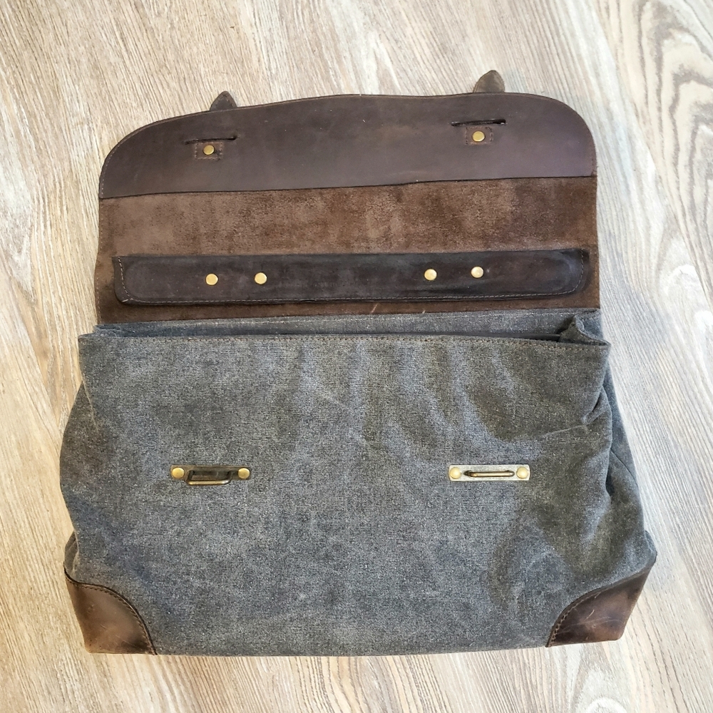 Cosset Calf Leather Canvas Messenger Bag Mens Womens Brown Grey Unisex Studded - Picture 6 of 16